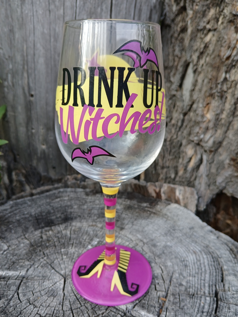 Drink Up Witches! Purple & Yellow Halloween Wine Glass Hand Painted